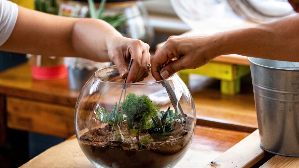 Two people working on a terrarium in a glass bowl