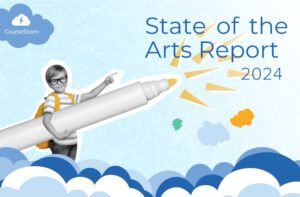 A report title graphic with the words: State of the Arts Report 2024 and a child holding a giant marker.