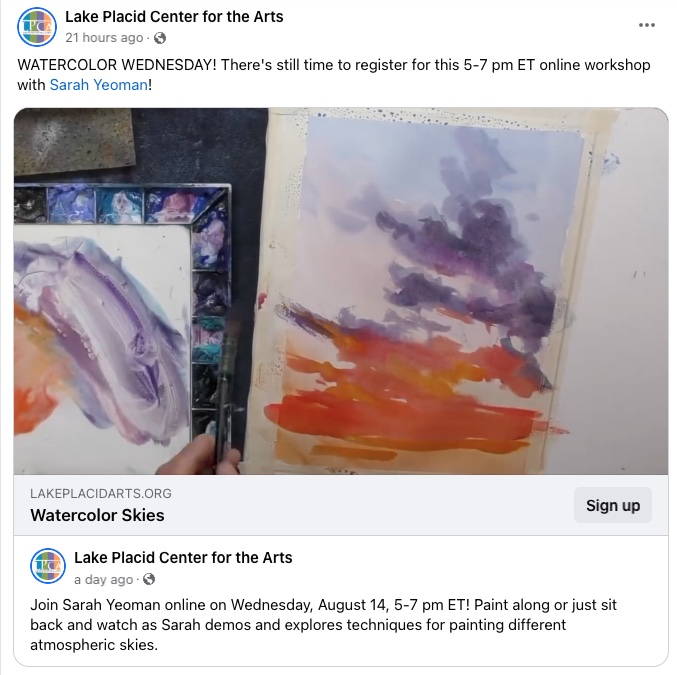 Lake Placid Center for The Arts Facebook post promoting a watercolor class