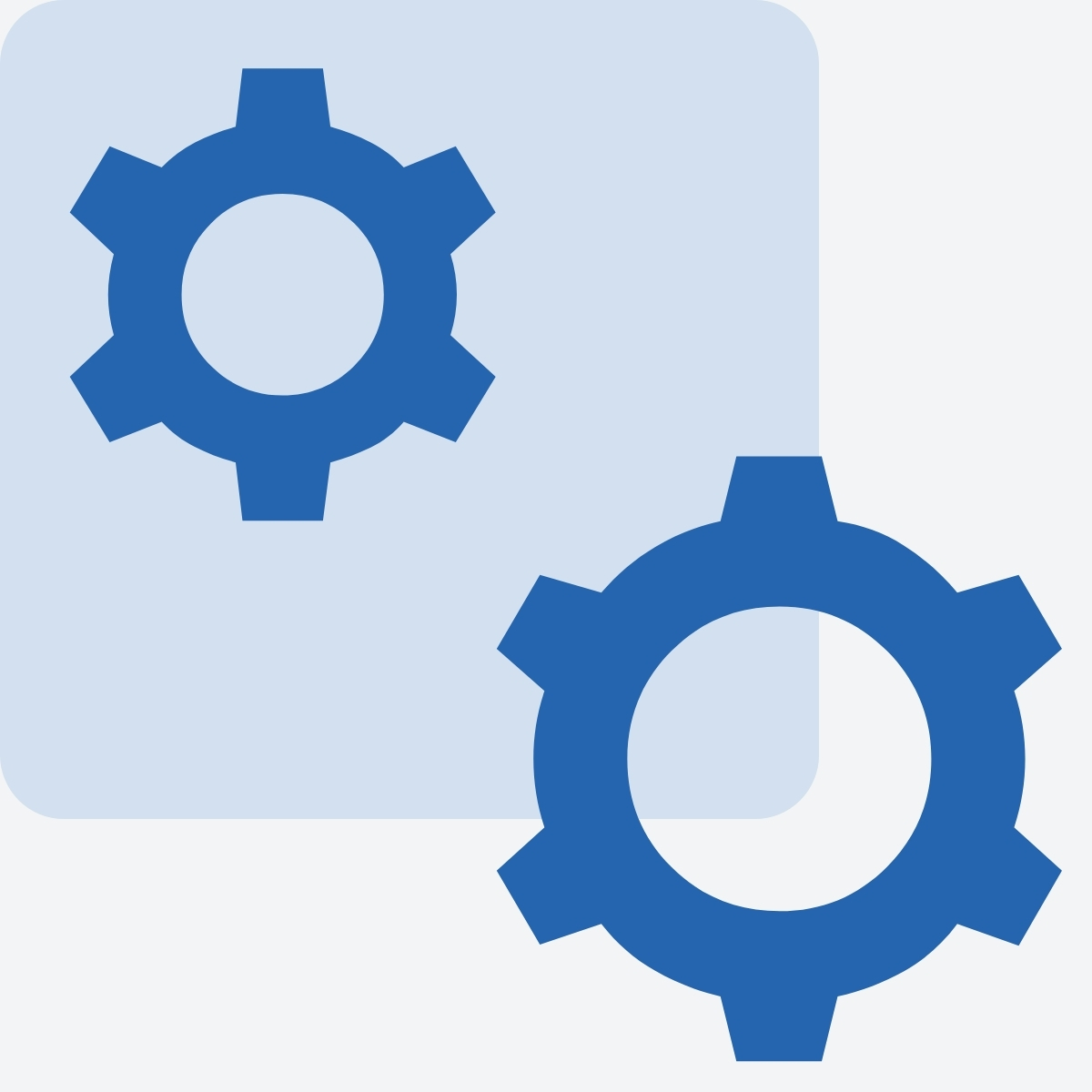 Two blue gear icons overlap on a light blue square background, symbolizing the dynamic mechanisms of online education classes.