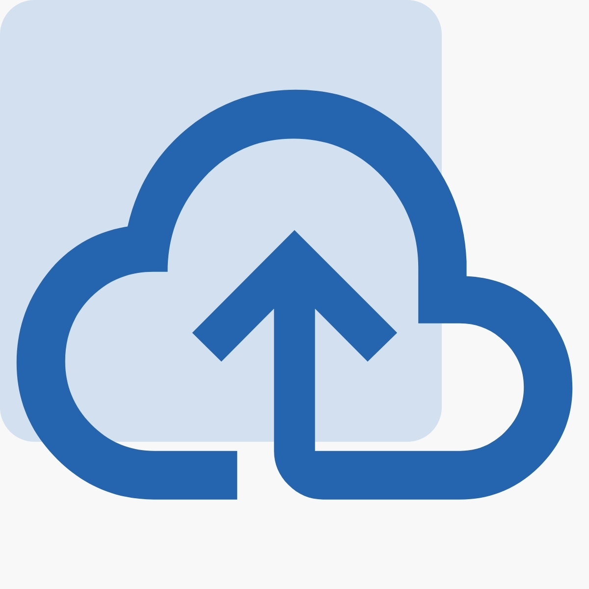 Blue cloud upload icon with an arrow pointing upwards on a light blue background, symbolizing the seamless transition to online education classes.