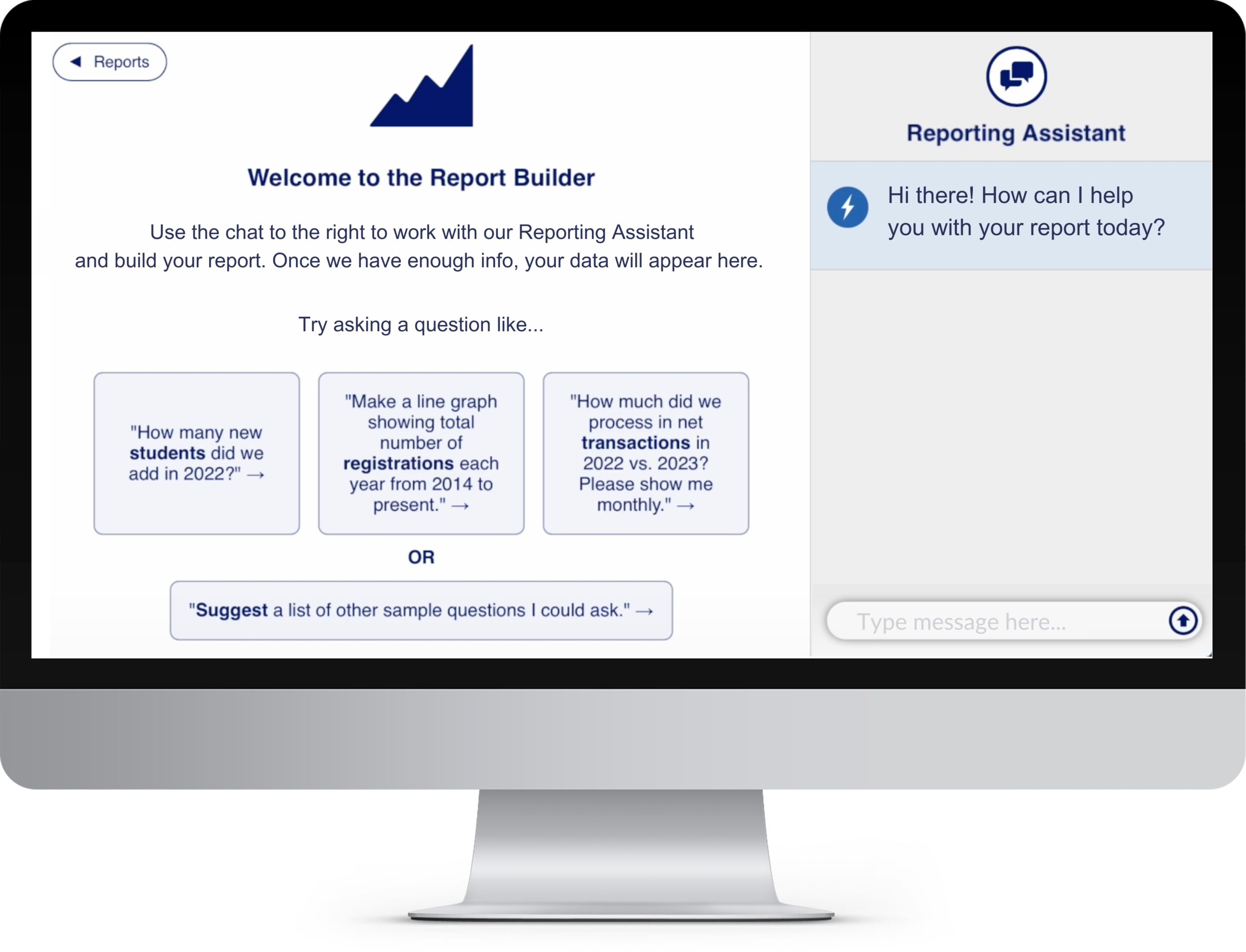 A computer screen displays a report builder tool interface with a welcome message and example questions. On the right, a chat box offers assistance, perfect for those taking online education classes seeking guidance.